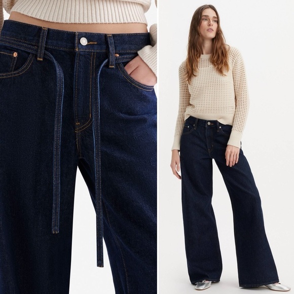 Levi's XL Wide Leg Straight Jeans 32 High Dark Denim Blue Waist Tie Classic - Picture 15 of 15